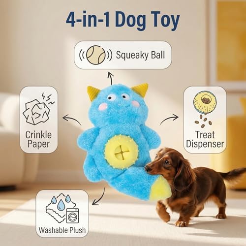 Cute Monster Plush Dog Toy with Squeaky Ball, Crinkle Paper, Treat Dispenser & Washable Design, Interactive Stuffed Chew Toy for Small Medium Dogs, Puppy Teething Toy (Blue)