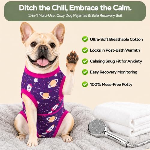 PetWarm Dog Cone Alternative, Dog Recovery Suit, Cosmic, Purple Yellow, XS
