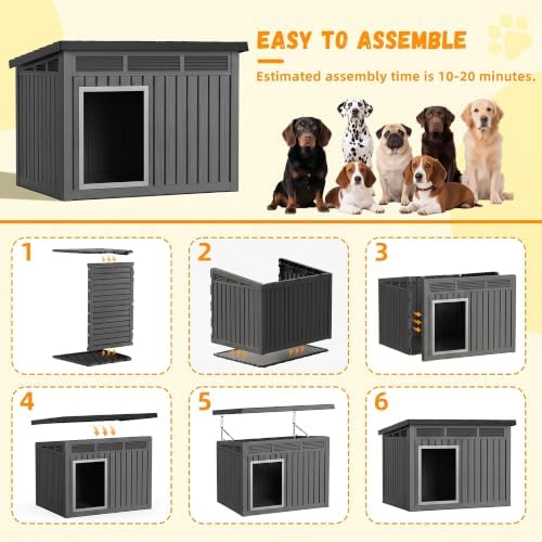 VIXZEN Dog House Indoor Outdoor,Waterproof Dog House for Small to Large Dogs,Doghouse with Air Vents and Elevated Floor,Openable at the Top,Easy to Assemble and Clean,Deep Black
