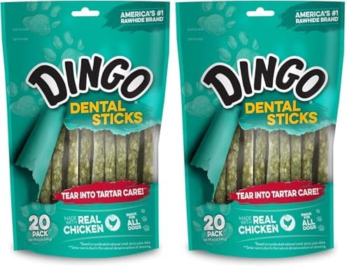 Dingo Dental Sticks for Tarter Control and Freshening Breath, Made with Real Chicken, Great Treats for Small, Medium, and, Large Dogs 20-Count (Pack of 2)