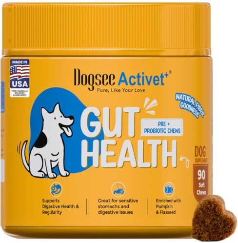 Dogsee Activet+ Dog Gut Health Supplement Chews, with Probiotics, Prebiotics, Digestive Enzymes & Fiber, Supports Digestion, Prevents Diarrhea, Loose Stool and Itchy Skin, Chicken Flavor – 90 Chews