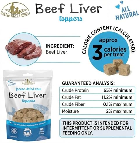 Fieldcrest Farms Freeze-Dried Beef Liver Dog Food Topper or Treat, 100% Single Ingredient Beef Liver, High-Protein, Raw & Grain-Free, 12 oz