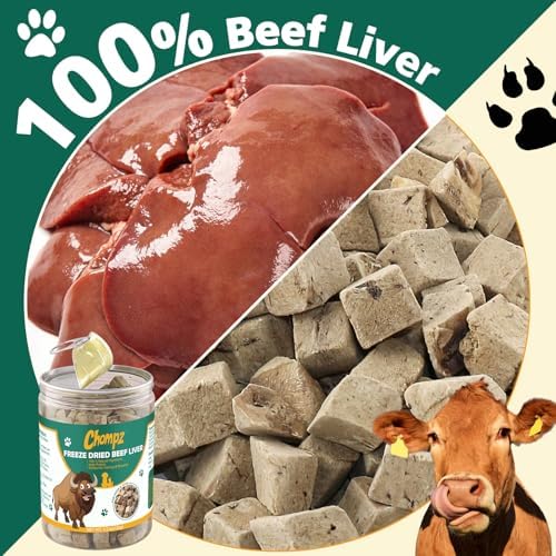 Chompz 120g Freeze Dried Beef Liver Dogs Treats, Cat Liver Treats, Healthy Pet Training Treats or Food Topper, Single Ingredient High-Protein 4.23oz