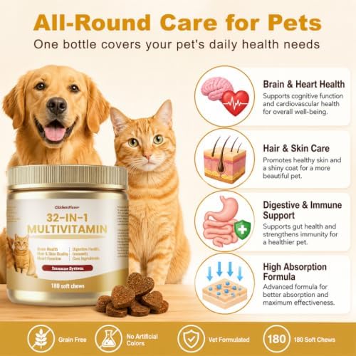 32-in-1 Multivitamin Soft Chews for Dogs & Cats, 180ct Chicken - Chelated Minerals, Omega-3, Taurine, B Complex - Skin & Coat, Immune, Digestive, Heart Support - Grain Free