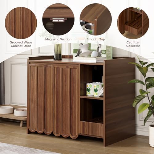 Halitaa Large Litter Box Enclosure with Litter Collector, Hidden Litter Box Furniture for Automatic Litter Box, Cat Robot 3/4, Dog Proof Litter Box Cabinet, Side Table, Walnut