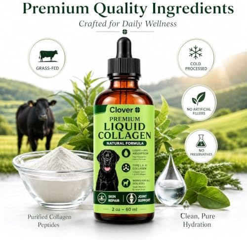 Clover Dogs Liquid Collagen for Dogs, Daily Joint Mobility, Skin & Coat Support Supplement Drops, Easy Liquid Formula for Dogs