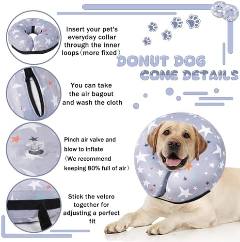 Recovery Donut Collar for Dogs & Cat,Inflatable Dog Cone Collar Alternative After Surgery,Soft Cone for Large Medium Small Dog,Adjustable Pet Neck Donut(Grey Star,Small