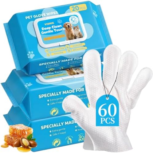 VISRIE 60 Pcs Pet Glove Wipes for Dogs & Cats, Thick Cleaning Gloves