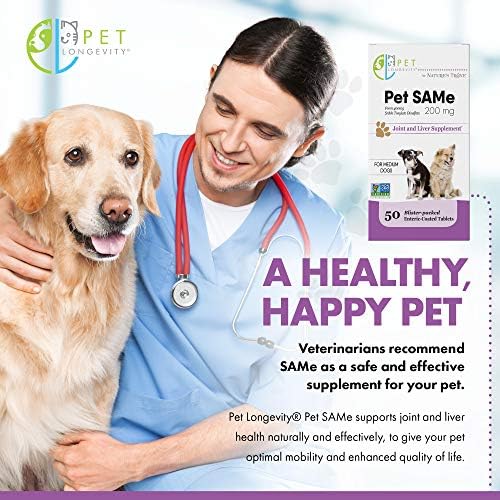 Same 200 mg Pet Supplements – Liver and Joint Support for Medium Size Dogs with Elevated Enzymes – S Adenosyl Methionine - 50 Gluten Free Enteric Coated Tablets – Non GMO Certified