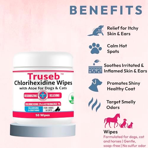 Pet Health Pharma Truseb Topical Ketoconazole and Chlorhexidine Wipes for Dogs, Cats and Horses - with Aloe for Cleansing - 50 Count (Ketoconazole & Chlorhexidine Wipes, 50 Count)