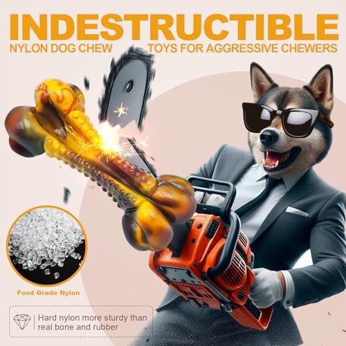 Dog Toys for Aggressive Chewers, Indestructible Dog Chew Toys for Large Medium Small Breed, Tough Nylon Interactive Durable Chew Toy Bone for Puppy Teething Toy Bacon Flavor, Best Gift&Keep Them Busy