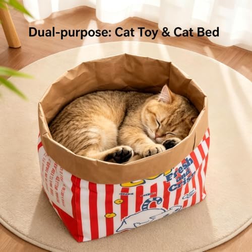 Crinkle Cat Sack, 25.6 x 19.7 Inch Large Cat Play Bag, Interactive Kraft Paper Cat Hideaway & Tunnel Toy, Foldable Cat House, Cute Room Decor (Maneki-Neko)