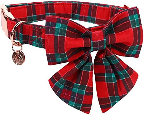 DOGWONG Christmas Dog Collar with Sailor Bow tie, Red Plaid Dog Collar Soft Durable Adjustable Cotton Red Green Tartan Puppy Collar for Small Medium Large Dog
