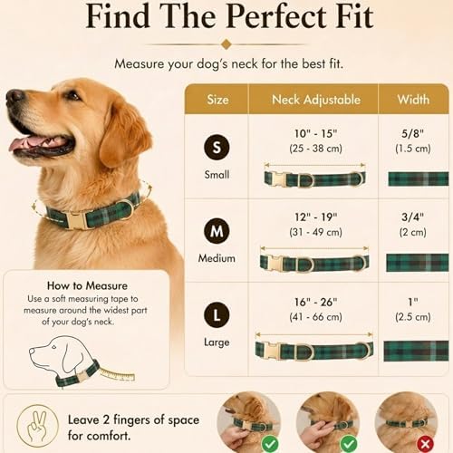 Soft Cotton Dog Collar Classic Plaid Pet Collars with Metal Clasp for Large Dogs with Sensitive Skin, Forest Green