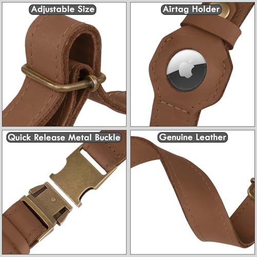 AirTag Dog Collar - Genuine Leather Dog Collar with Apple AirTag Holder and Metal Buckle - Smart GPS Tracking Pet Collars (Tawny, L, 17"-21" Neck Fit)