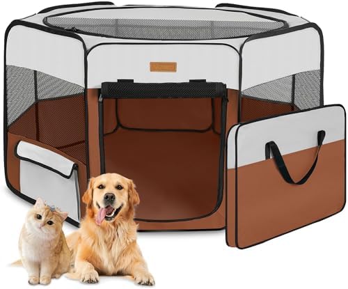 Akinerri Portable Dog Playpen, Foldable Pet Play Pen for Puppy Cat, Brown
