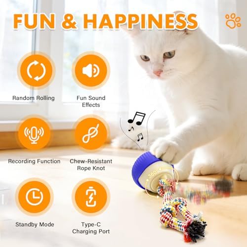 Interactive Cat Toy, 360° Rotating Automatic Moving cat Toys, Voice Recordable Auto Rolling Pet Toy with LED Sound & Music, Rechargeable Interactive Cat Toys for Indoor Cats & Small Dogs (Blue)