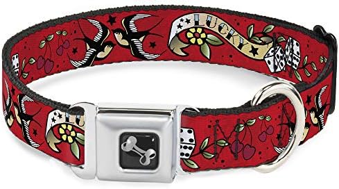 Dog Collar Seatbelt Buckle Lucky Red, 16 to 23 Inches, 1.5 Inch Wide