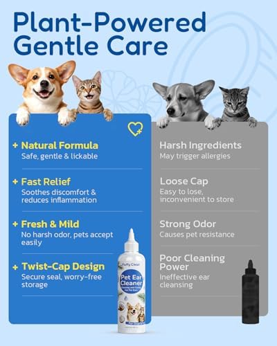 Ear Cleaner for Dogs & Cats - Gentle Ear Cleaning Solution with Natural Non-Irritating Formula for Sensitive Ear Care, Removes Built-up Wax, Discharge, Dirt & Debris - 8 OZ