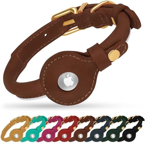 OOPSDOGGY Rolled Leather Dog Collar with Airtag Holder - Reflective Round Airtag Dog Collar - Soft Tracking Pet Collar for Small Dogs Puppy Cats Kitten (Brown, S, 10"-13")