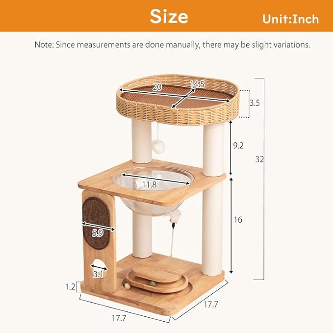 LULUCAT Cat Tree Tower, Freestanding, Stylish, Cushioned Bed, Large Base, for Multiple Cats, Compact, Winter and Summer Use, Summer Mat Included, for Large Cats (81cm Brown)