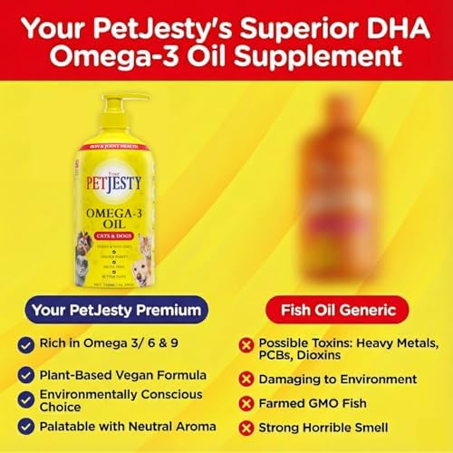 PetJesty Pure Omega 3 Oil for Dogs & Cats 26.39oz - Omega 3 Skin & Coat Support- Liquid Food Supplement for Pets - Vegan pet + DHA for Joint Function, Immune & Heart Health, Non Fish Oil Dog and Cat