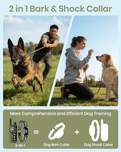 2-in-1 Bark Shock Collar 2 Pack - Smart Anti Barking Dog Training Collar with Beep/Vibration/Shock/Anti Bark 4 Modes, 3300FT IP67 Waterproof E Collar with Remote for Small Medium Large Dogs(8-120lbs)