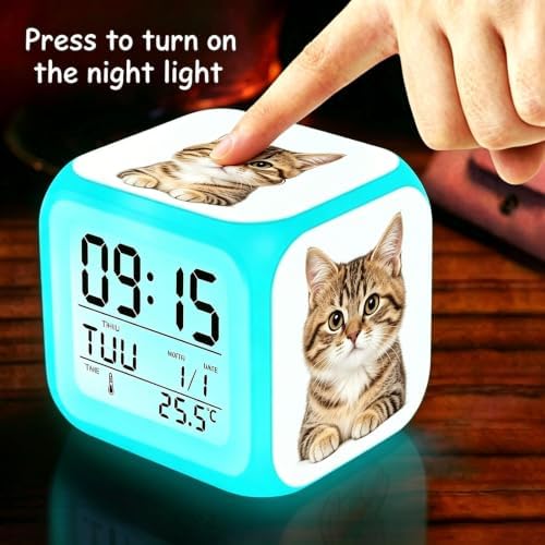 Wake Up Light Tabby Cat Cube Alarm Clock, Battery Powered 7 Color Changing LED Light, Calendar Thermometer Animal Print Kids Bedside Decor Gift
