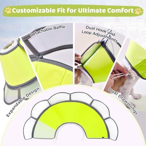 Soft Dog Cone Collar After Surgery Recovery,Adjustable E-Collar with Removable Shield,Lightweight,Breathable Anti-Licking Protective Cone for Large,Medium,Small Pets (Neon Green, M (Neck:12''-15''))