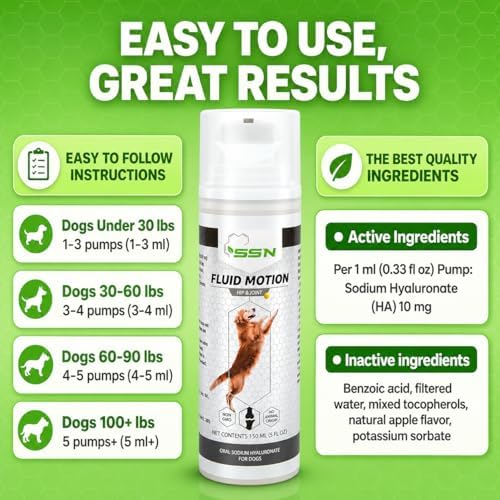 Fluid Motion - Hip & Joint Support for Dogs - Liquid Hyaluronic Acid - Joint Mobility, Skin, & Coat Supplement for Senior Dogs - Apple Flavor - Glucosamine Alternative (30-60+ Day Supply)