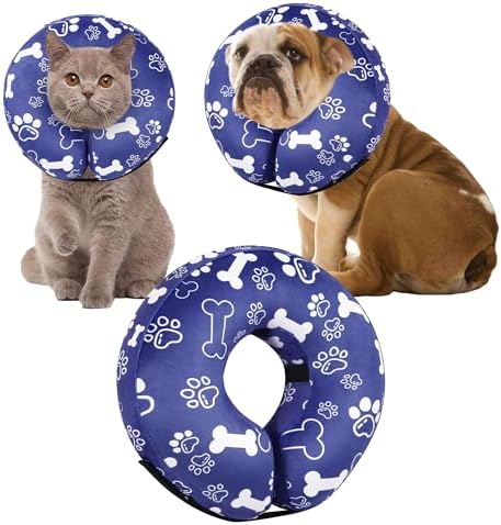 Recovery Donut Collar for Dogs & Cat,Inflatable Dog Cone Collar Alternative After Surgery,Soft Cone for Large Medium Small Dog,Adjustable Pet Neck Donut(Darkblue Bone,Medium