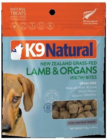 K9 Natural, Freeze-Dried Single Ingredient Dog Treats, High-Value, Low-Calorie Protein Bites for Active Dogs, Healthy Dog Training Treats, Grain-Free Reward, Lamb & Organs, 1.76oz