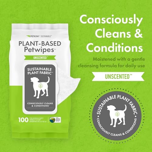 Petkin Plant-Based PetWipes, 100 Wipes, 4 Pack - Biobased, Sustainable, Big & Thick Pet Wipes for Dogs & Cats - for Face, Paws, Ears, Body & Eye Area - Consciously Cleans & Conditions - Unscented