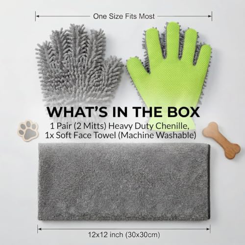 Dog Washing Gloves and Chenille Drying Mitts, 3 Pcs