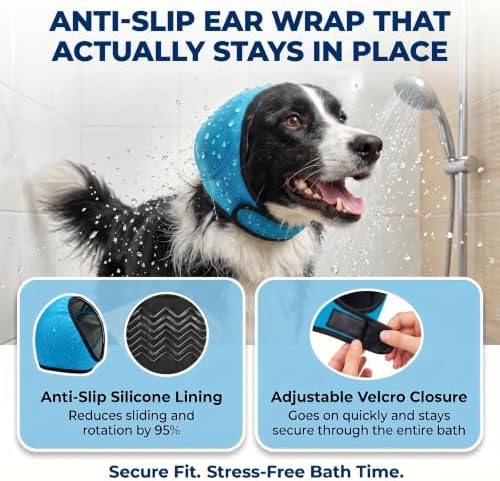Waterproof Dog Ear-Cover for Bath: Keep Water Out During Bath Time - Reduce Ear Infection Risk By 97% - Anti-Slip Fit for Medium Breeds Cocker Spaniel/Beagle/Springer Spaniel