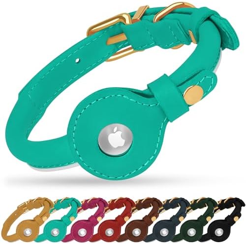 OOPSDOGGY Rolled Leather Dog Collar with Airtag Holder - Reflective Round Airtag Dog Collar - Soft Tracking Pet Collar for Small Dogs Puppy Cats Kitten (Teal, S, 10"-13")