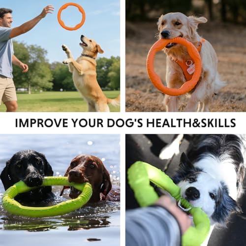 LaRoo Dog Chew Toy Ring, Floating Dog Pool Toy, Flying Disc for Medium & Large Dogs, Interactive Tug of War & Teething Relief, Pet Training Outdoor Fetch Toys (Orange,11.8'')