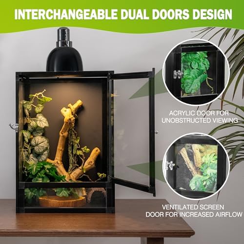 Jumping Spider Enclosure, Toxirium 8" x 8" x 12" Small Reptile Cage Hatching Habitat, Screen & Acrylic Doors, Ventilated Terrarium for Lizards, Snakes, Frogs, Easy Assembly, Two Doors
