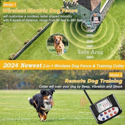 Wireless Dog Fence, 2024 Electric Dog Fence Remote Training Collar, Waterproof Rechargeable, Vibrate/Shock Dog Boundary Containment System, Adjustable Range, Safe Effective, for All Dogs,for1dog