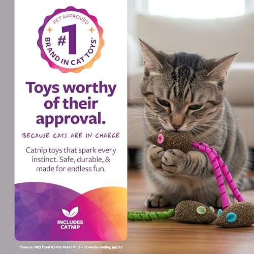 SmartyKat Magic Mice Compressed Catnip and Ribbon Cat Toys, Mess-Free for Hunting & Batting Fun for Cats & Kittens, Set of 3
