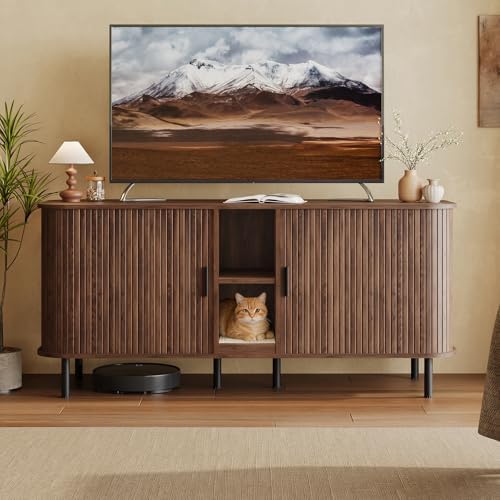 58" Double Cat Litter Box Enclosure, Large Hidden Litter Box Furniture for 2 Cats with Cat Scratch Pad, Mid Century Modern Indoor Cat House with Double Room, TV Stand, Side Table, Walnut