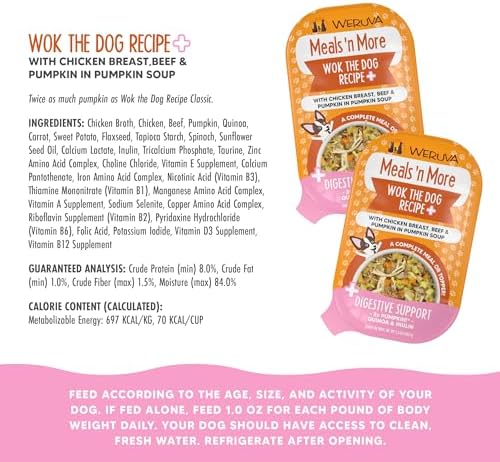 Weruva Meals 'n More Natural Wet Dog Food, Wok The Dog Plus Digestive Support, 3.5oz Cup (Pack of 12)