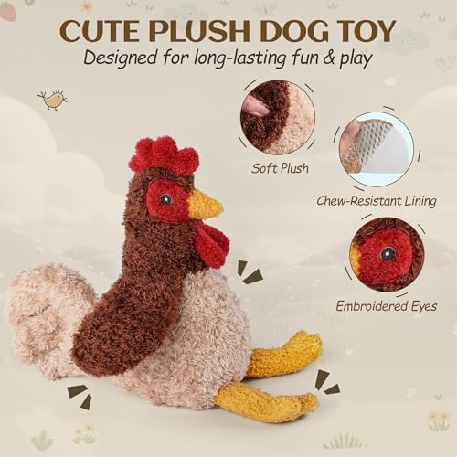 ALL FOR PAWS Chicken Squeaky Dog Toy, Plush Stuffed Animal Toy for Small Medium Large Dogs, Puppy Chew Toy with Squeaker & Crinkle, Interactive Rooster Pet Toy for Boredom Relief & Training