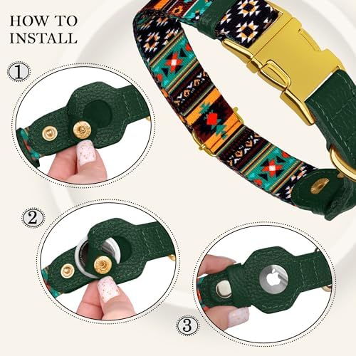 AirTag Dog Collar for Small Medium Large Breed - Adjustable Cute Pattern Dog Collar with Airtag Holder - Soft Leather Tracker GPS Apple Air Tag Pet Collars (Large, 17"-21" Neck Fit, Tribal)