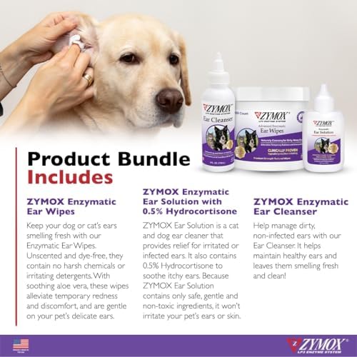 Zymox Enzymatic Ear Solution for Dogs and Cats, Ear Wipes, & Ear Cleanser - Product Bundle - for Dirty, Waxy, Smelly Ears and to Soothe Ear Infections