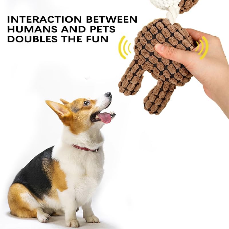 Interactive Plush Dog Chew Toy with Squeaky Rubber Ball, Cute Animal Printed Stuffed Pet Toy for Aggressive Chewers, Durable Eco-Friendly Puppy Teething Toy (Brown)