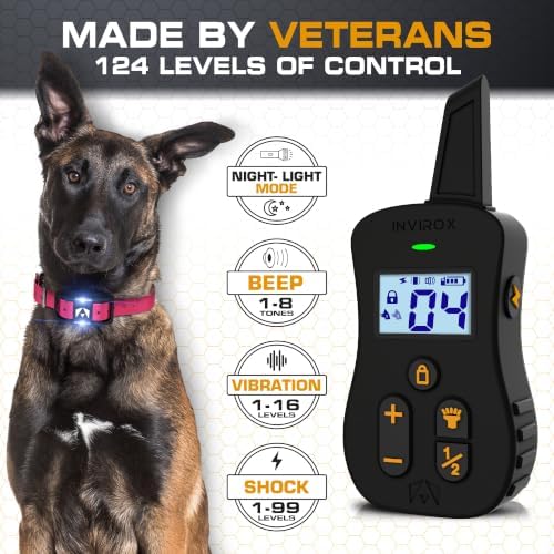 INVIROX Ultra K9 E Collar for Large Breeds with 124 Training Levels | For Reactive Stubborn or Hard-to-Train Dogs, ¾ Mile Range, Night-Light Mode, Safe Communication, IP67 Waterproof
