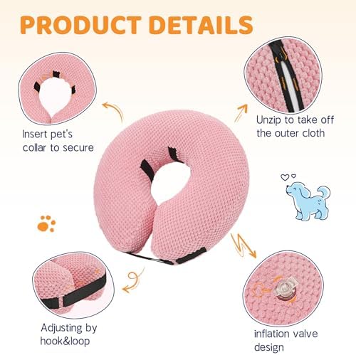 Supet Inflatable Dog Cone Collar for Dogs to Stop Licking, Dog Donut Collar After Surgery, Soft Pet Cone for Small Medium Large Dogs Pink 02 XL