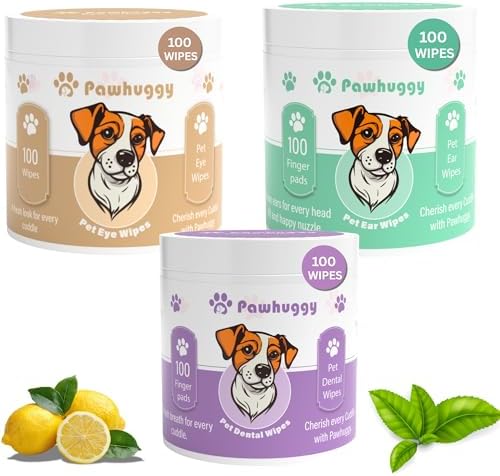 Pet Dental, Ear & Eye Cleaning Wipes for Dogs & Cats – 300 Total Finger Wipes (100 Dental + 100 Ear + 100 Eye) – Teeth Cleaning Toothpaste Alternative, Tear Stain Remover & Gentle Ear Cleaner