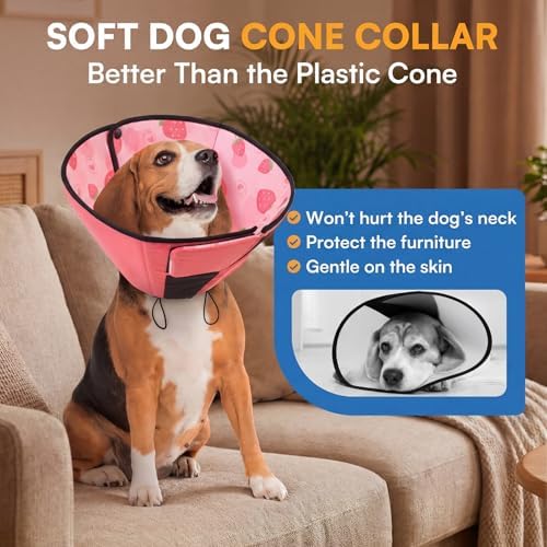 Queenmore Dog Cones for Medium Dogs, Dog Cone Collar After Surgery, Soft Cone for Dogs Wound Care, Spay, Neuter, Breathable Pet Surgery Collars & Cones, Strawberry M